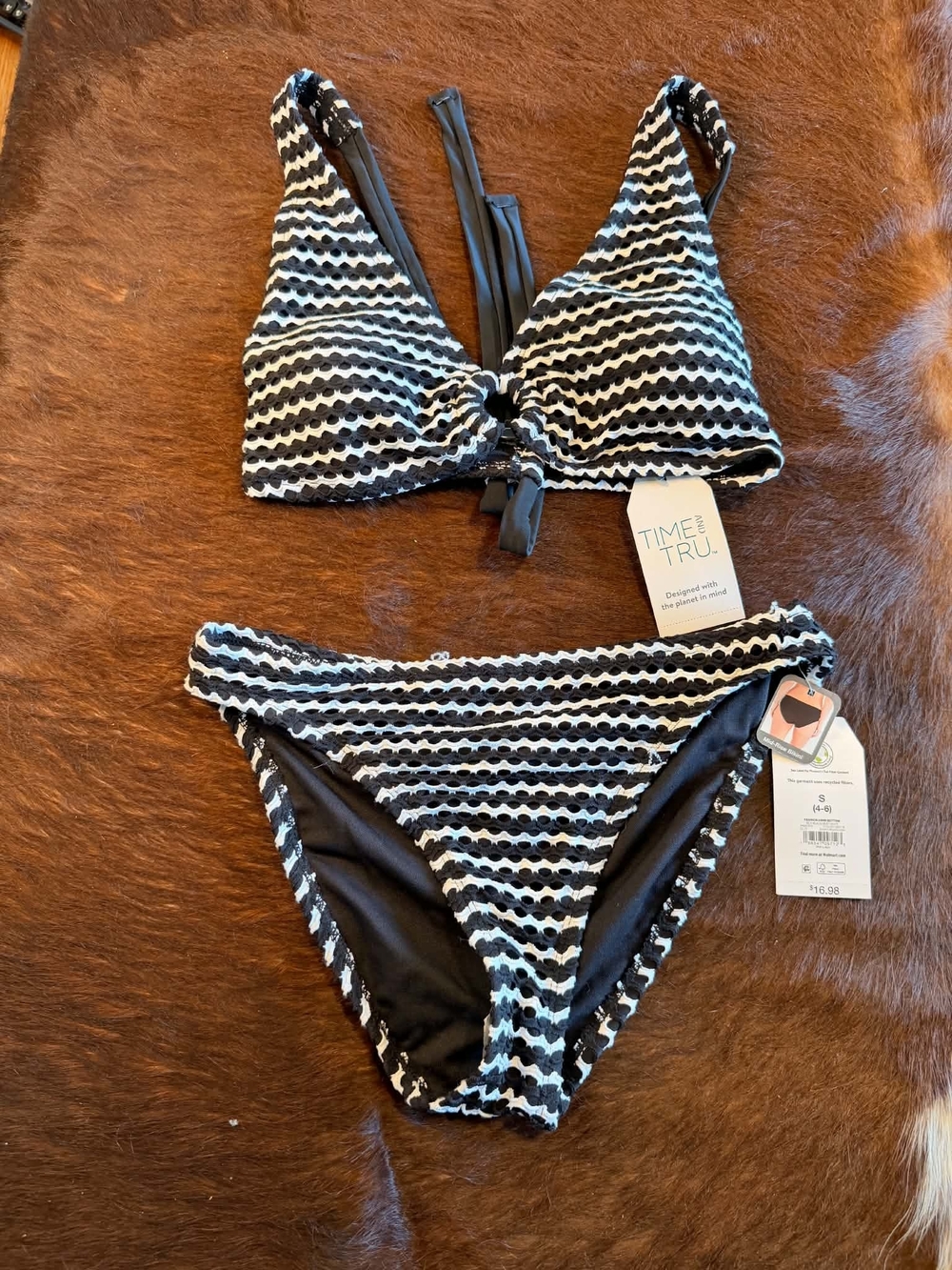 Time and Tru Black & White Textured Bikini Set